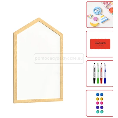 Tablica biała magnetyczna DOMEK 90x60 cm + zestaw edukacyjnych magnesów pastelowe kolory + zestaw akcesoriów