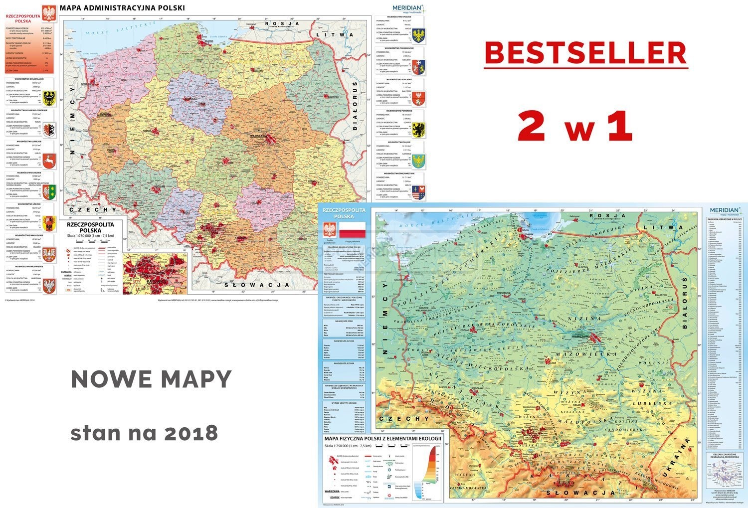 DUO Mapa administracyjna Polski / Polska fizyczna z elementami ekologii - dwustronna mapa ścienna 