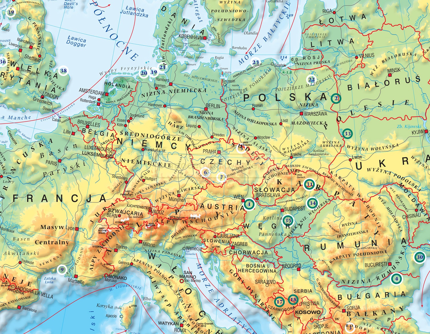 Mapa Fizyczna Europy Sprawdzian Gimnazjum Mapa fizyczna Europy z elementami ekologii - mapa ścienna :: Pomocedydaktyczne.eu