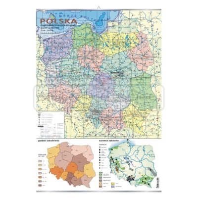 Polska – mapa administracyjno - drogowa + mapki gęstości zaludnienia i surowców – plansza 