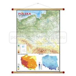 Polska – mapa hipsometryczna + mapki temperatury i opadów – plansza 