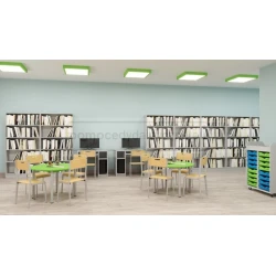 Regał biblioteczny ze skośnymi półkami i schowkami E