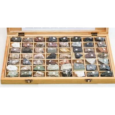 Skały i minerały - 56 okazów - pudełko drewniane